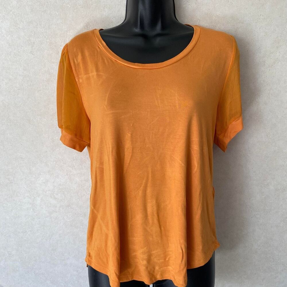 DKNY Flowy Blouse for Women Chiffon Puff Sleeves Round Neck - Orange - Small‎